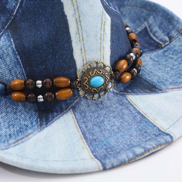 Color-blocking Design Wooden Beads Band Denim Cowboy Hat