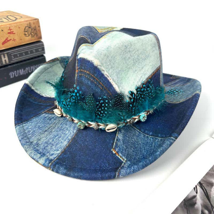 Color-blocking Design Green Feathers Denim Cowboy Hat