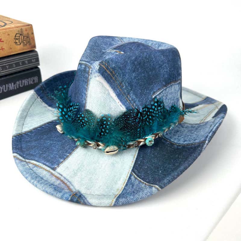 Color-blocking Design Green Feathers Denim Cowboy Hat - Blue - M (22"-22 7/8") - image 3