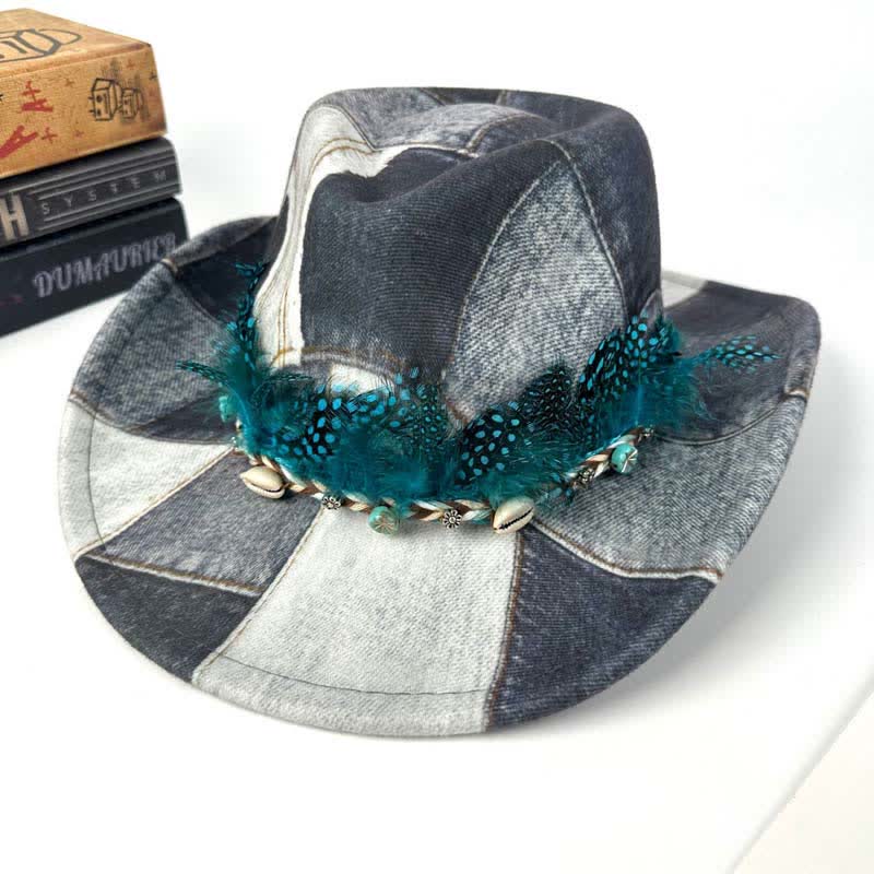 Color-blocking Design Green Feathers Denim Cowboy Hat - Gray - M (22"-22 7/8") - image 4