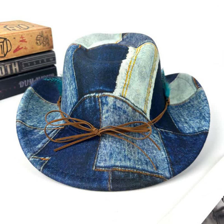 Color-blocking Design Green Feathers Denim Cowboy Hat
