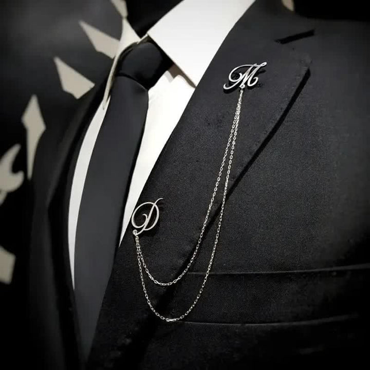 Stylish Custom Initial Letters Brooch with Chain - Silver - image 1