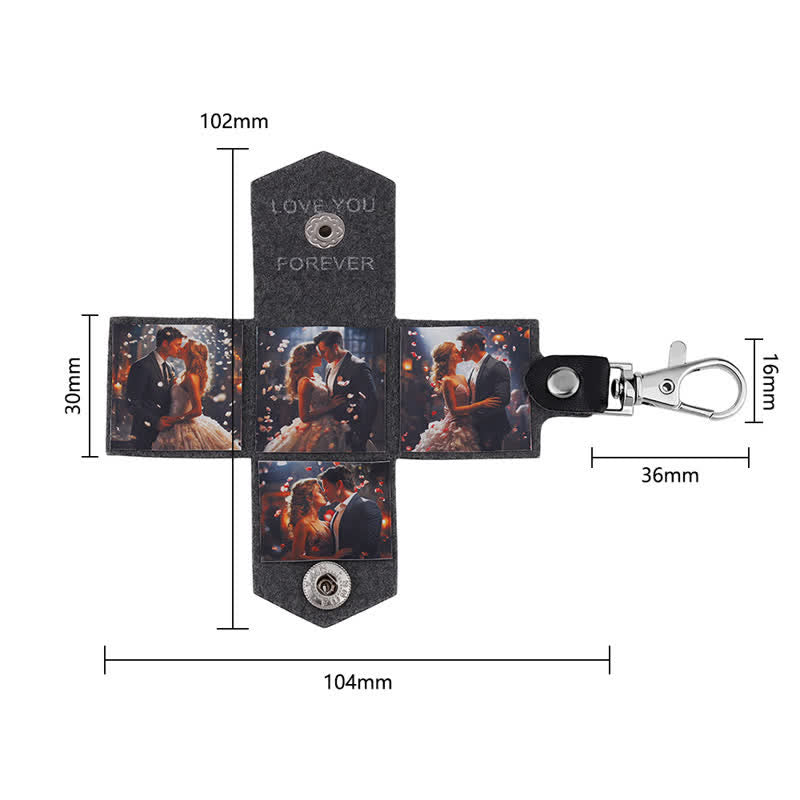 Custom 4 Photo Carved Text Black Leather Keychain