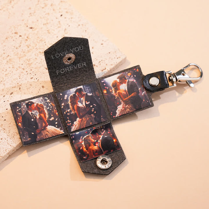 Custom 4 Photo Carved Text Black Leather Keychain