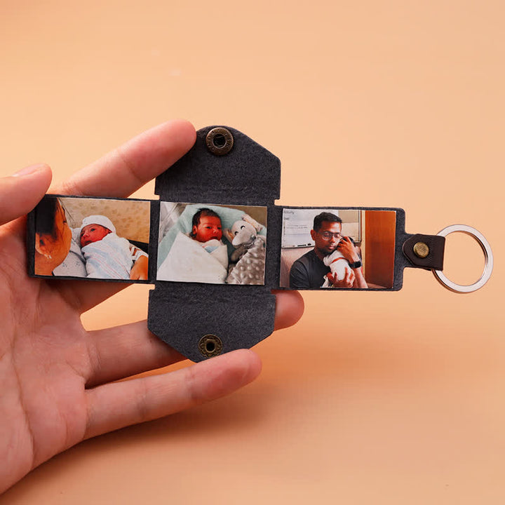 Custom 3 Photo Carved Text Brown Leather Keychain