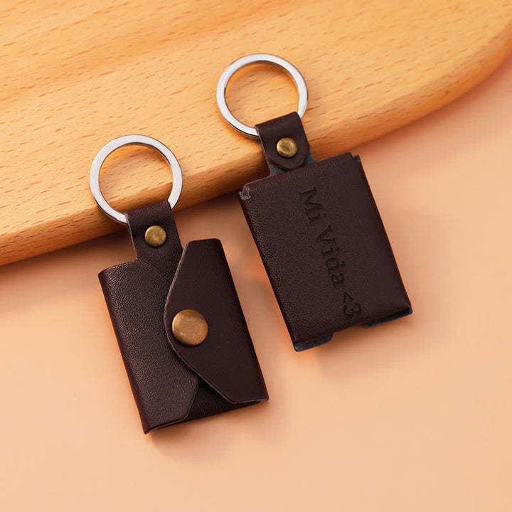 Custom 3 Photo Carved Text Brown Leather Keychain