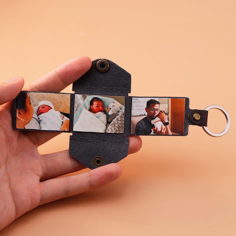 Custom 3 Photo Carved Text Brown Leather Keychain - Brown - image 0