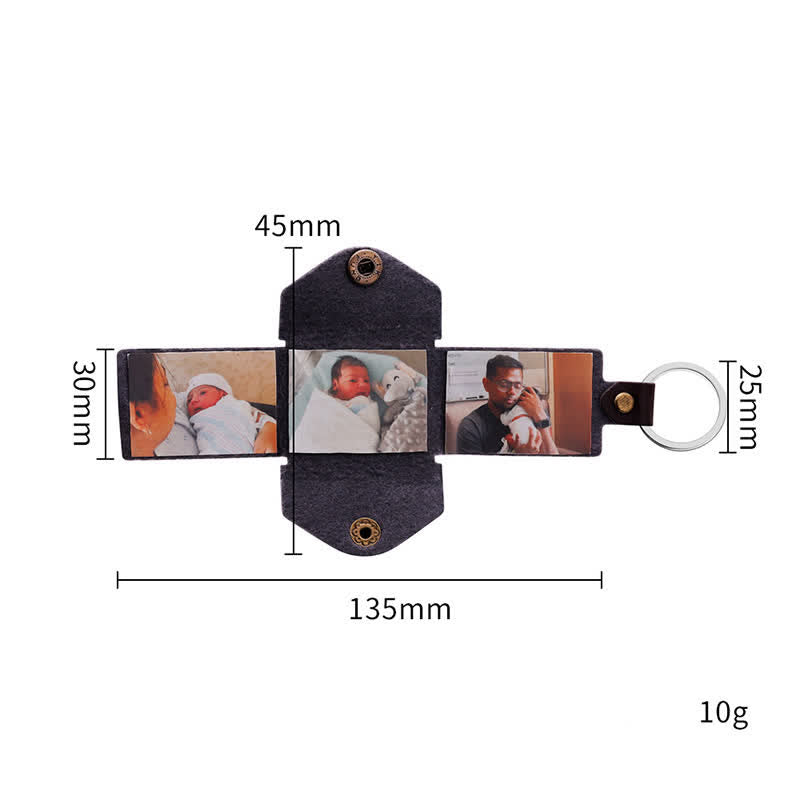 Custom 3 Photo Carved Text Brown Leather Keychain