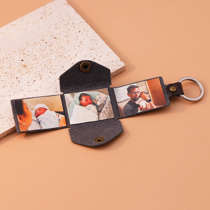Custom 3 Photo Carved Text Brown Leather Keychain