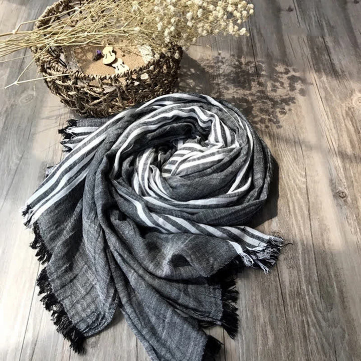 Classic Stripes Pattern Thin Cotton Blend Pleated Art Scarf - Black - image 3