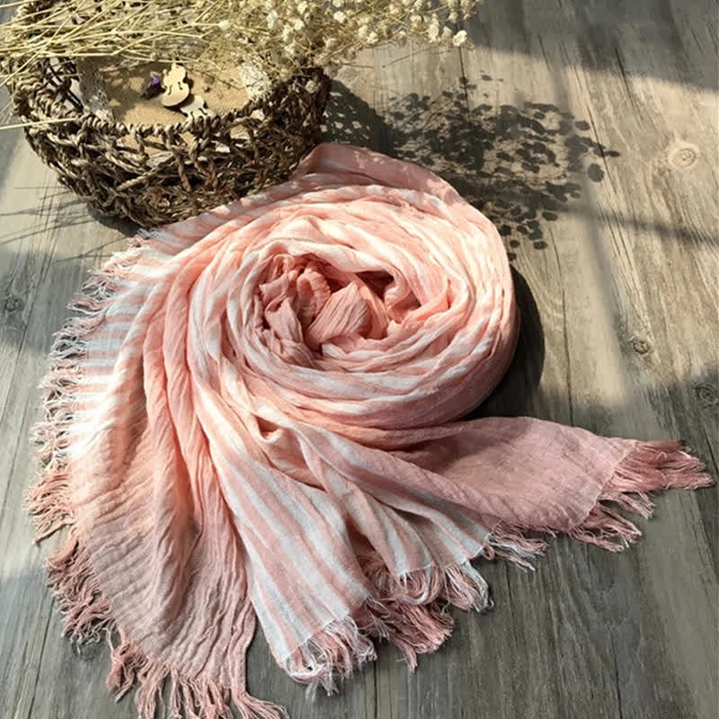 Classic Stripes Pattern Thin Cotton Blend Pleated Art Scarf - Light Salmon - image 7