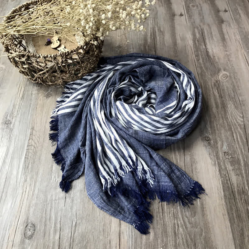 Classic Stripes Pattern Thin Cotton Blend Pleated Art Scarf - Navy - image 0