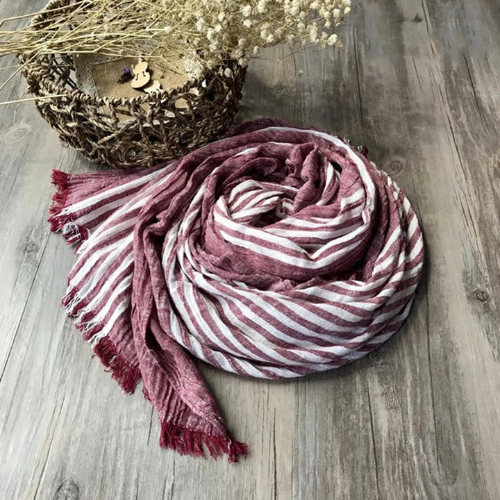 Classic Stripes Pattern Thin Cotton Blend Pleated Art Scarf - Wine Red - image 5