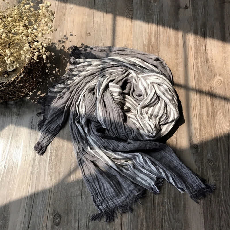 Classic Stripes Pattern Thin Cotton Blend Pleated Art Scarf - Gray - image 14