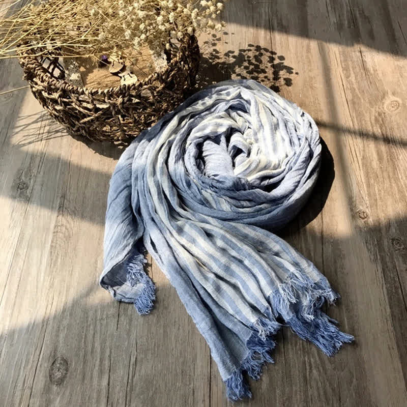 Classic Stripes Pattern Thin Cotton Blend Pleated Art Scarf - Sky Blue - image 9