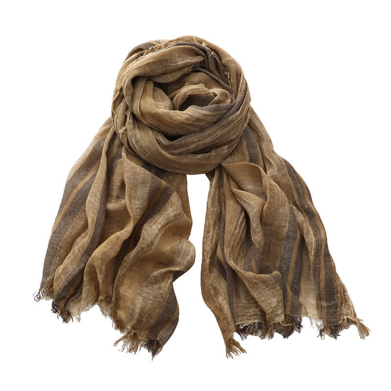 Retro Tie-Dye Striped Pattern Color-Blocked Pleated Art Scarf - Dark Khaki - image 5