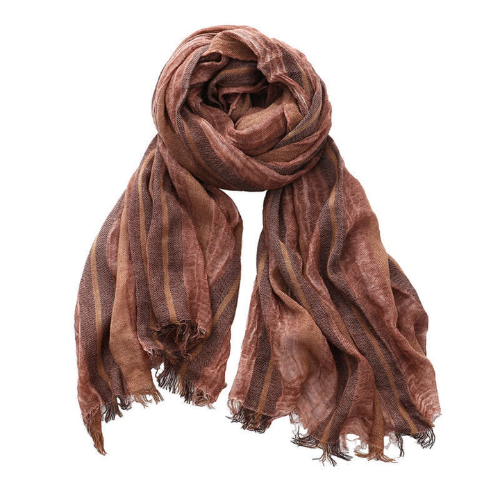 Retro Tie-Dye Striped Pattern Color-Blocked Pleated Art Scarf - Brick Red - image 8