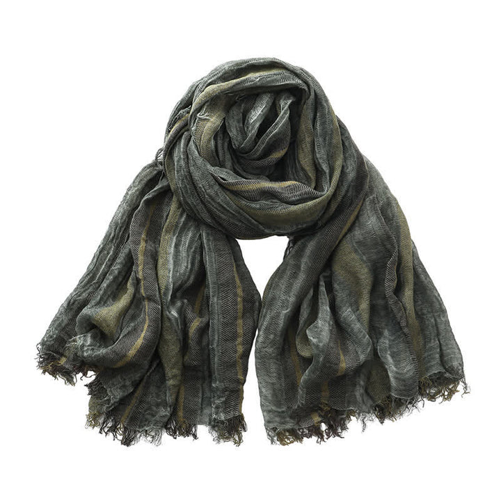 Retro Tie-Dye Striped Pattern Color-Blocked Pleated Art Scarf - Army Green - image 9