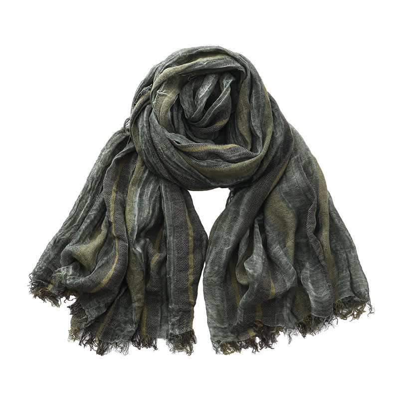 Retro Tie-Dye Striped Pattern Color-Blocked Pleated Art Scarf - Army Green - image 9