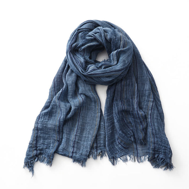 Breathable Tie-Dyed Decorative Striped Cotton Linen Scarf - Navy - image 0
