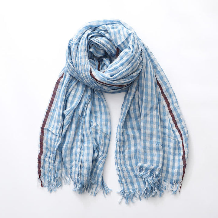 Casual Checkered Tassel Thin Cotton Linen Scarf - Sky Blue - image 0