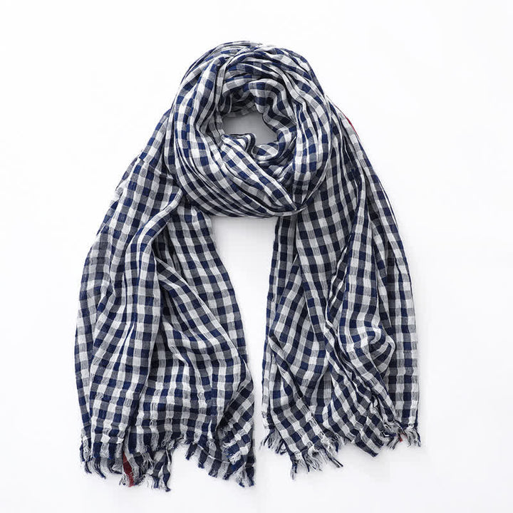 Casual Checkered Tassel Thin Cotton Linen Scarf - Navy - image 3