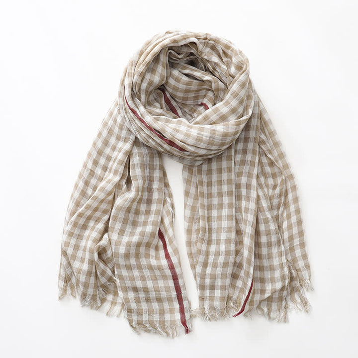 Casual Checkered Tassel Thin Cotton Linen Scarf - Khaki - image 4