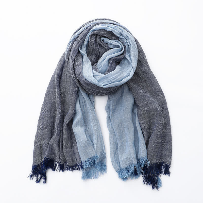Two-Tone Color Matching Thin Cotton Linen Scarf - Navy & Sky Blue - image 2