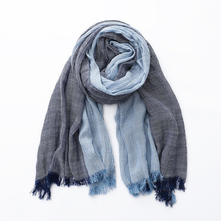 Two-Tone Color Matching Thin Cotton Linen Scarf - Navy & Sky Blue - image 2