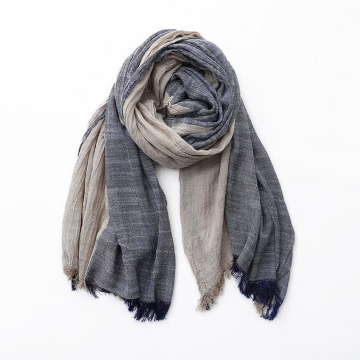 Two-Tone Color Matching Thin Cotton Linen Scarf - Navy & Khaki - image 7
