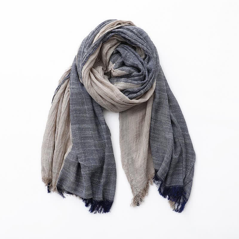 Two-Tone Color Matching Thin Cotton Linen Scarf - Navy & Khaki - image 7