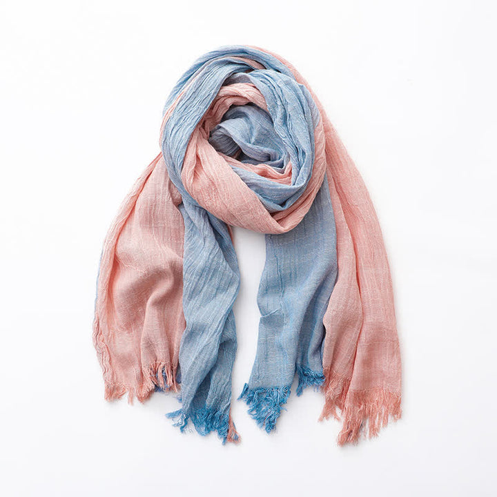 Two-Tone Color Matching Thin Cotton Linen Scarf - Blue & Pink - image 11