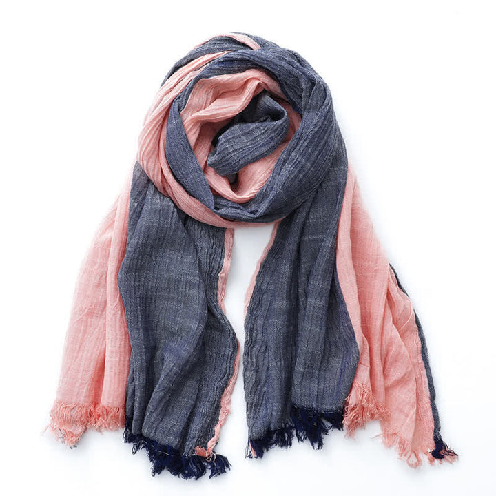 Two-Tone Color Matching Thin Cotton Linen Scarf - Navy & Pink - image 0