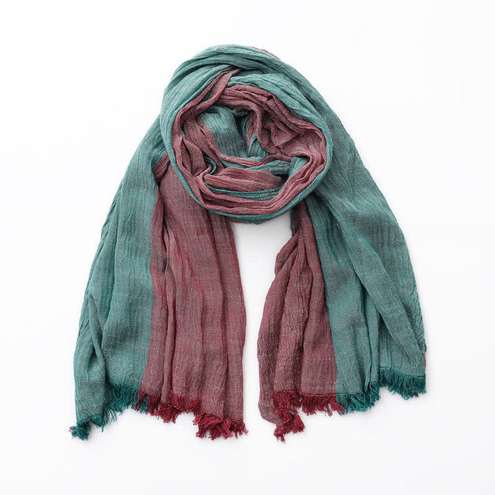 Two-Tone Color Matching Thin Cotton Linen Scarf - Wine Red & Green - image 5