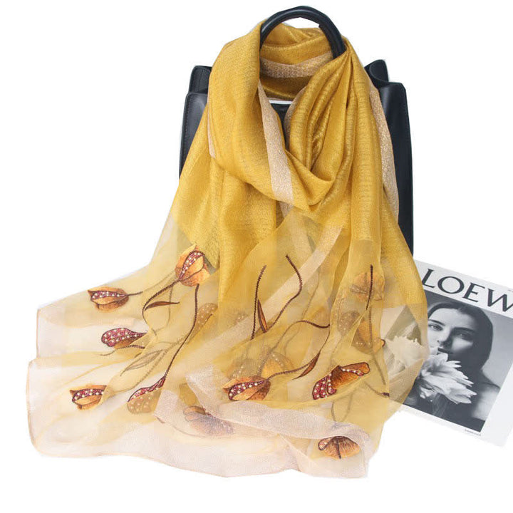 Women's Hand-Embroidered Beads Floral Wool Silk Scarf - Yellow - image 9
