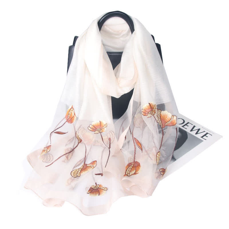 Women's Hand-Embroidered Beads Floral Wool Silk Scarf