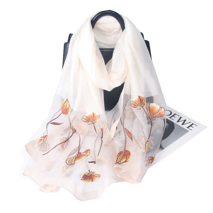 Women's Hand-Embroidered Beads Floral Wool Silk Scarf