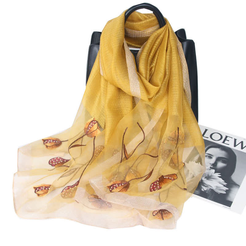 Women's Hand-Embroidered Beads Floral Wool Silk Scarf - Yellow - image 9