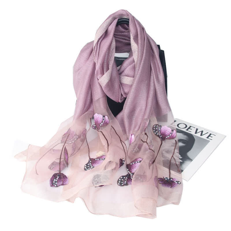 Women's Hand-Embroidered Beads Floral Wool Silk Scarf - Purple - image 0