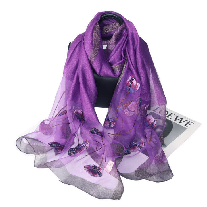 Women's Hand-Embroidered Beads Floral Wool Silk Scarf - Dark Purple - image 12