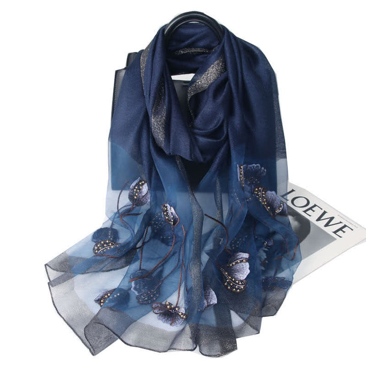 Women's Hand-Embroidered Beads Floral Wool Silk Scarf - Navy - image 3