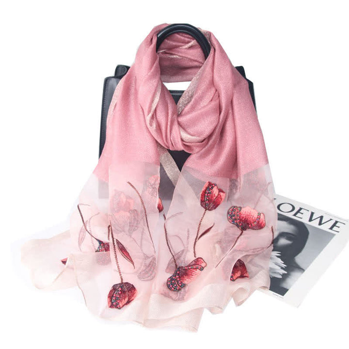 Women's Hand-Embroidered Beads Floral Wool Silk Scarf - Pink - image 10
