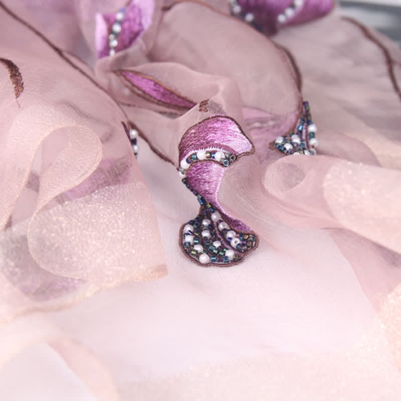 Women's Hand-Embroidered Beads Floral Wool Silk Scarf