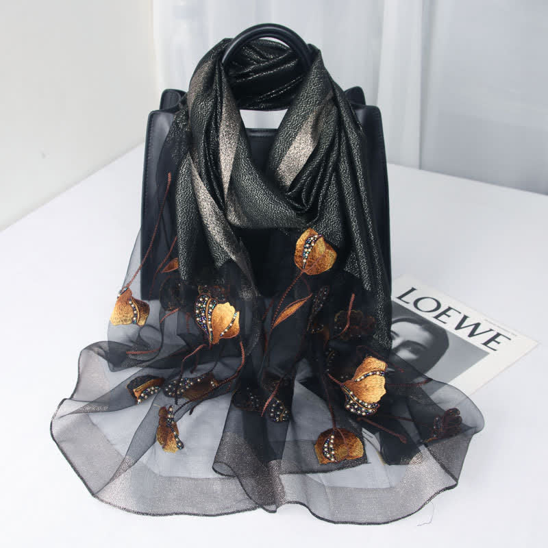 Women's Hand-Embroidered Beads Floral Wool Silk Scarf - Black - image 8