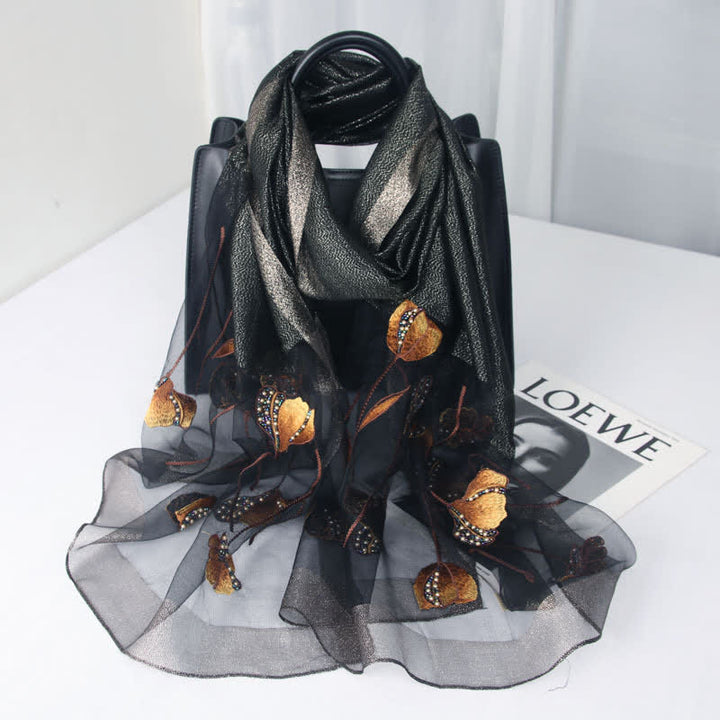 Women's Hand-Embroidered Beads Floral Wool Silk Scarf - Black - image 8