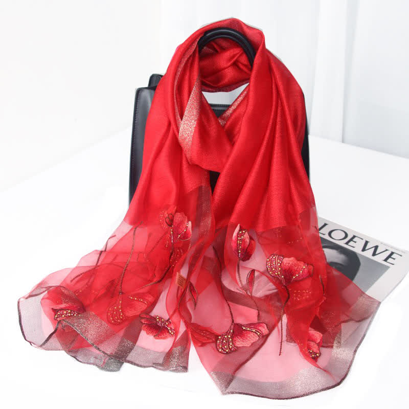 Women's Hand-Embroidered Beads Floral Wool Silk Scarf - Red - image 7