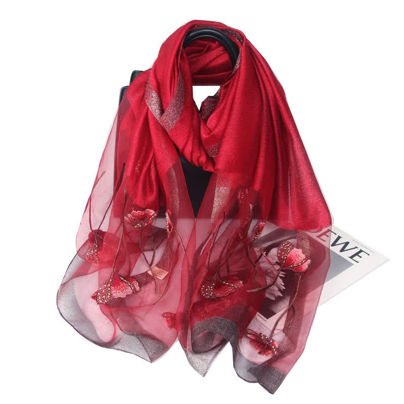 Women's Hand-Embroidered Beads Floral Wool Silk Scarf - Dark Red - image 13