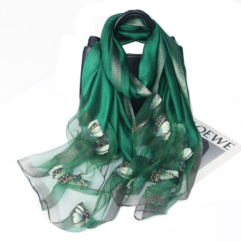 Women's Hand-Embroidered Beads Floral Wool Silk Scarf - Green - image 5