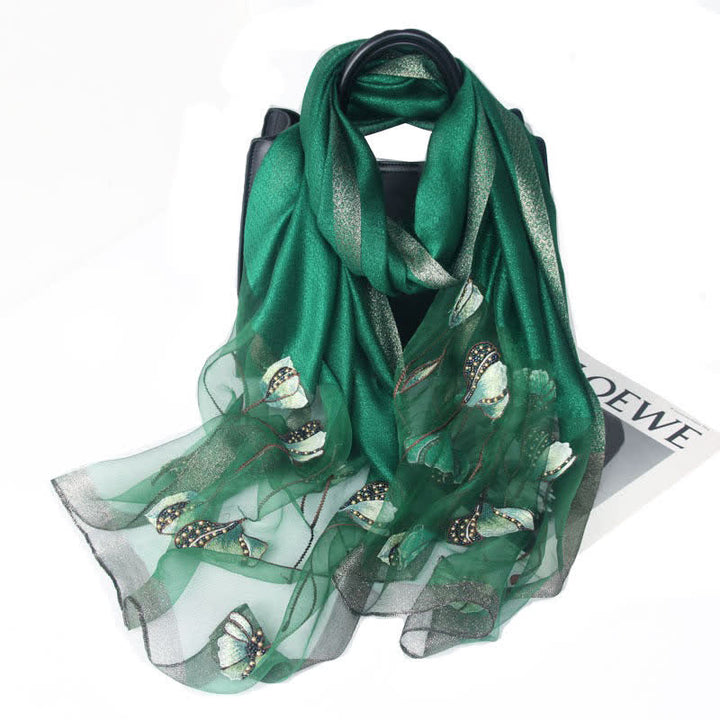 Women's Hand-Embroidered Beads Floral Wool Silk Scarf - Green - image 5