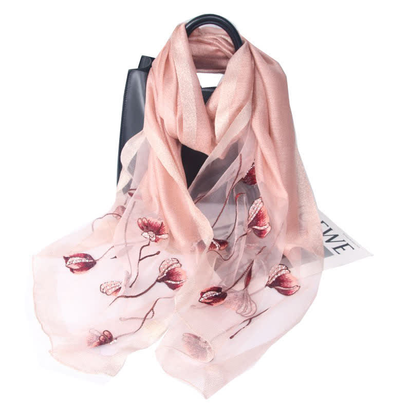 Women's Hand-Embroidered Beads Floral Wool Silk Scarf - Light Pink - image 6